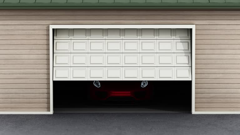 Garage door slowly opening reveals a red sports car underneath. 3D animation.